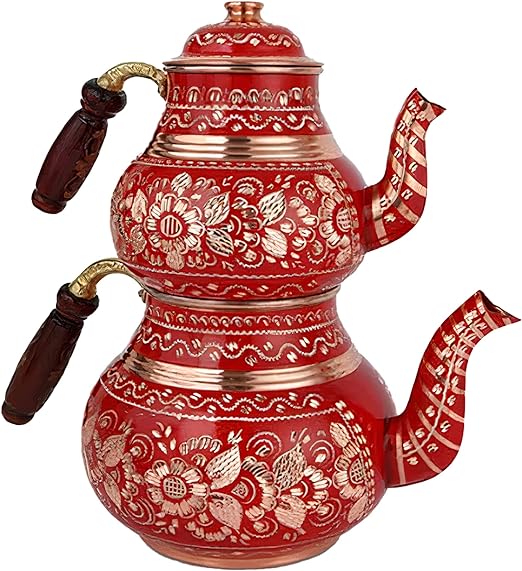 Copper Handmade Double Turkish Teapot Set for Stovetop, Red