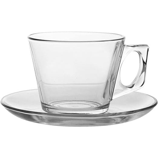 Vela Teacups with Saucers, Clear Glass Tea Set, 12 Pcs, 6.5 Oz (195 cc)