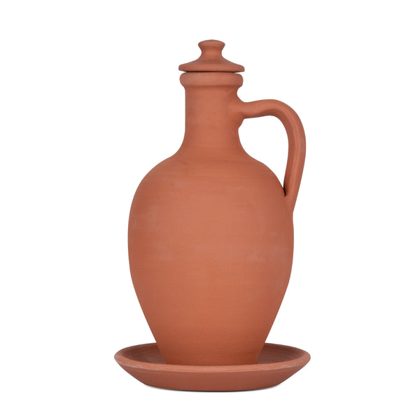 Natural Clay Water Pitcher with Lid and Plate, 3 Pcs