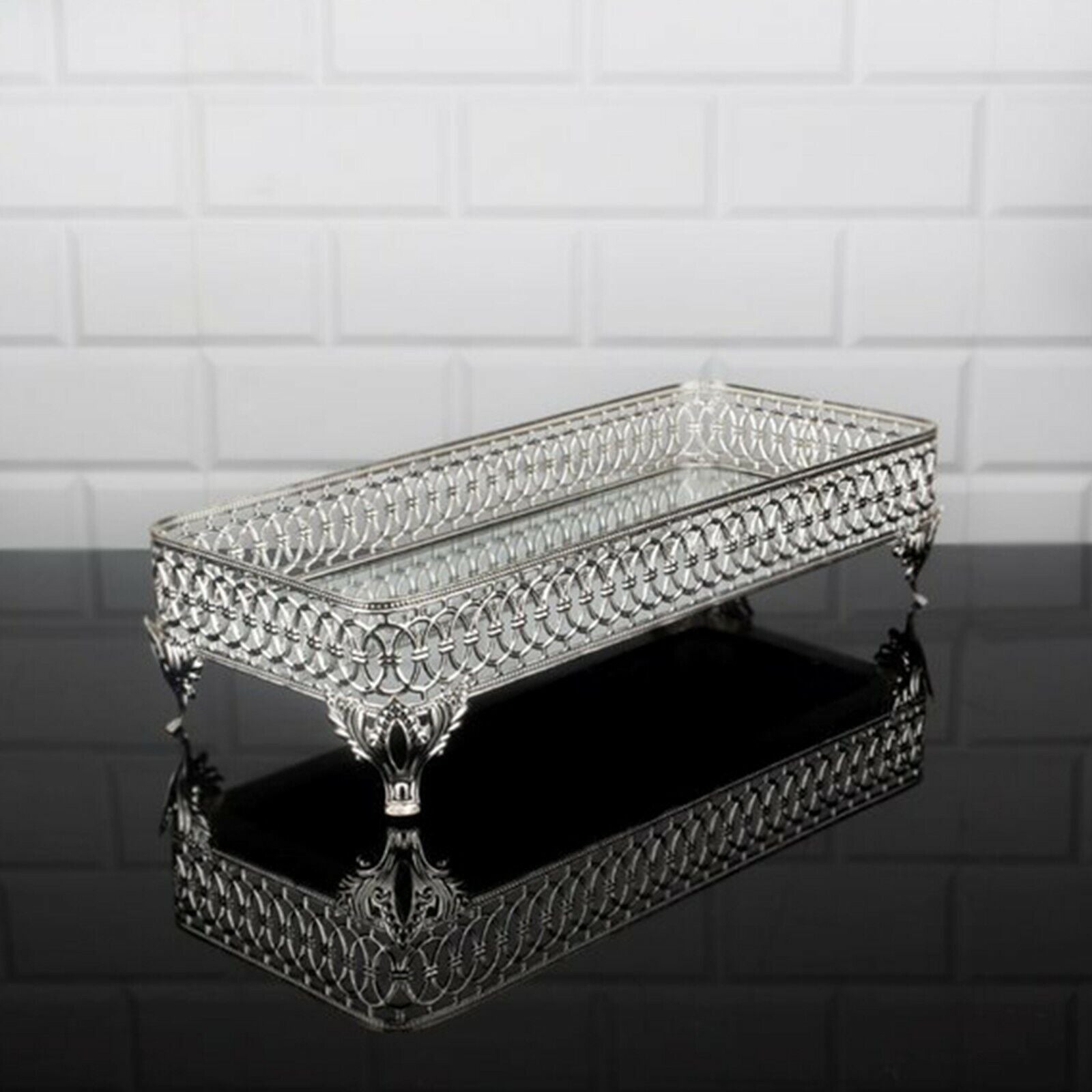 Handmade Decorative Perfume Tray, Metal Vanity Tray, Silver, Large 