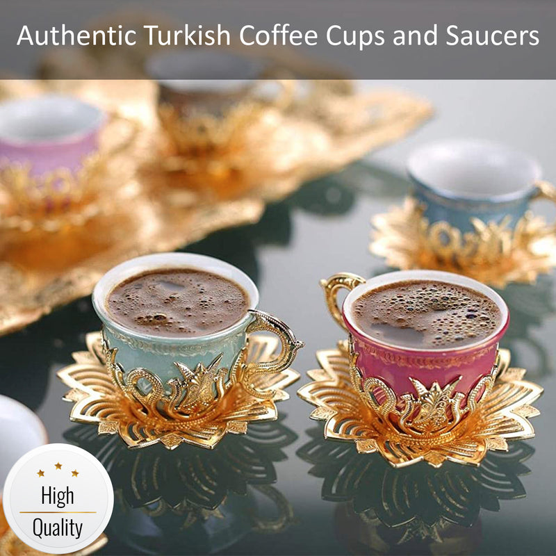 Ahsen Turkish Colorful Coffee Cup Set of 6, 18 Pcs, Gold, 2.5 Oz