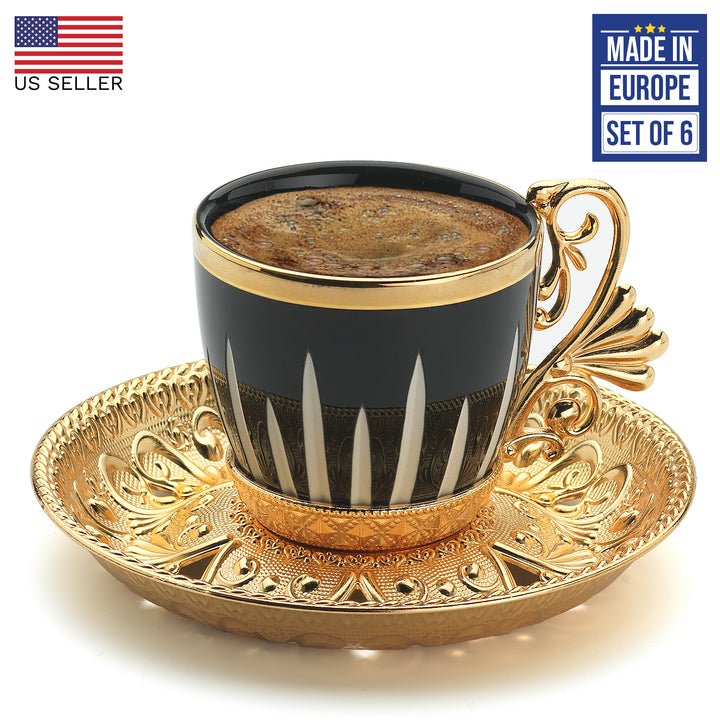 LAL ELEGANCE CORONET PATTERNED COFFEE CUP SET FOR 6 PEOPLE GOLD 118 ml (4 oz)