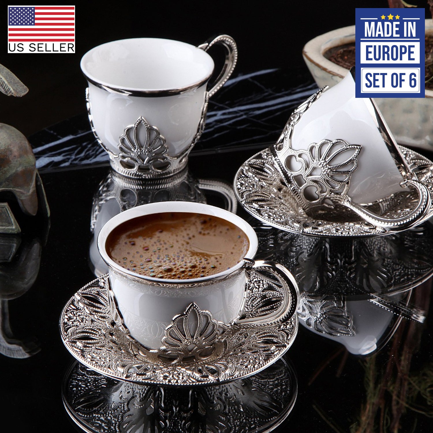 Coffee Cup Set for 6 People, 18-Piece Handmade Cups and Saucers, Silve ...