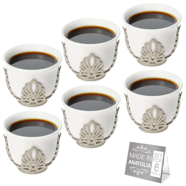 Mirra Coffee Cup Set of 6 with Silver Holders, 1.8 oz