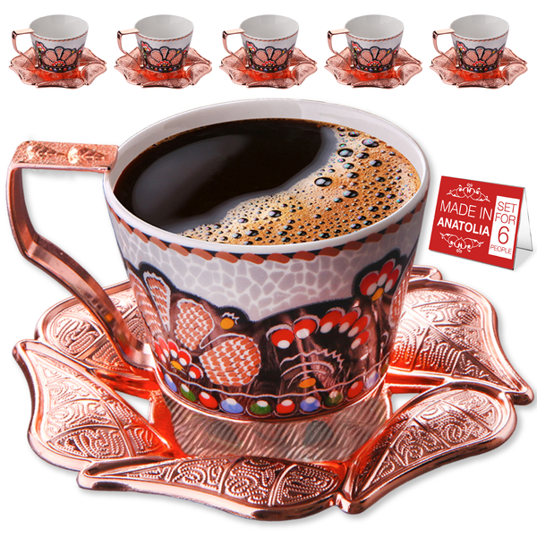 Turkish Coffee Cup Set for 6 People with Leaf Design Saucers, 18 Pcs, 6.75 Oz