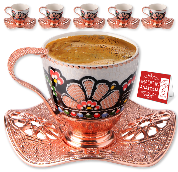 Turkish Coffee Cup Set for 6 People with Wavy Saucers, 18 Pcs, 3 Oz