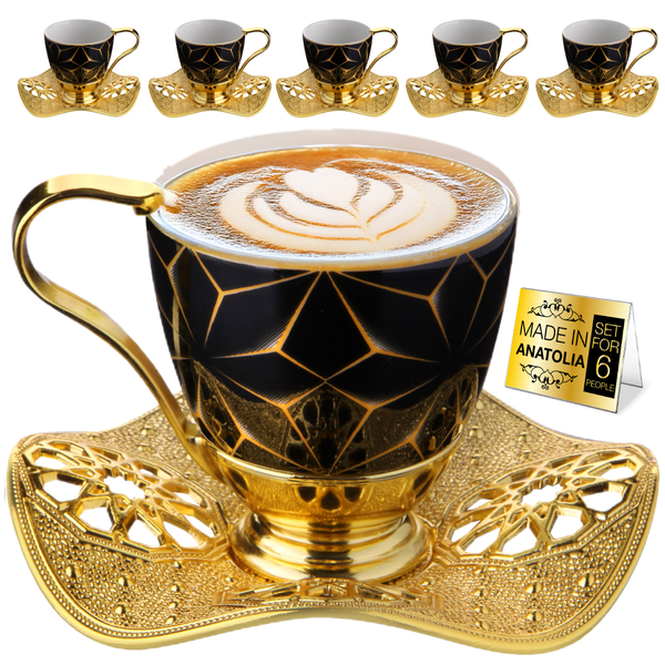 Nisa Coffee Cup Set for 6 People, 18-Piece Handmade Coffee Cups, Gold, 3 Oz