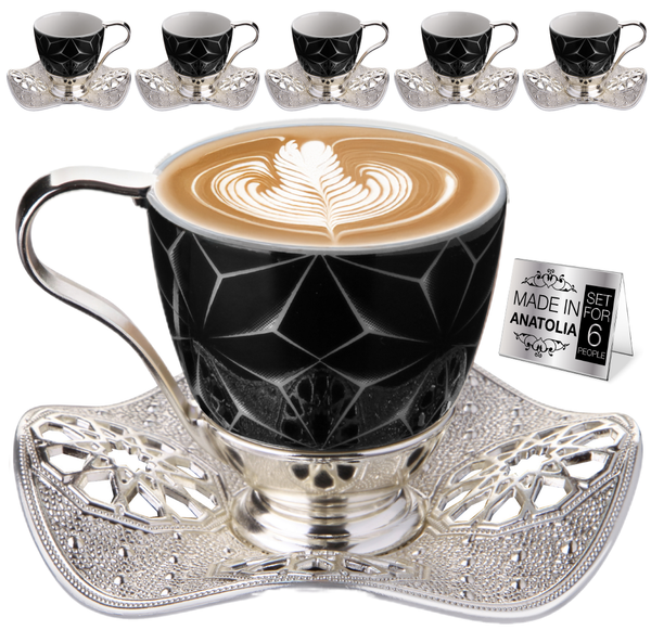 Nisa Coffee Cup Set for 6 People, 18-Piece Handmade Coffee Cups, Silver, 3 Oz