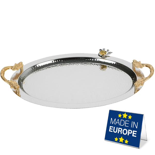 Ornamental Big Oval Serving Tray with Handles, Silver, 19.6" x 13"