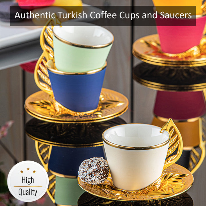 YAPRAK COFFEE CUP SET FOR 6 PEOPLE MIXED COLORS WITH HANGER APPARATUS GOLD