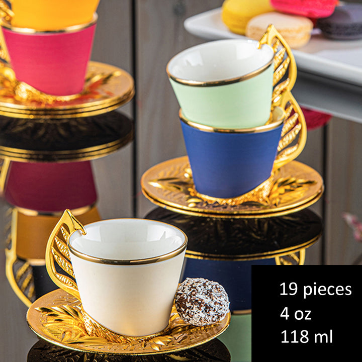 YAPRAK COFFEE CUP SET FOR 6 PEOPLE MIXED COLORS WITH HANGER APPARATUS GOLD
