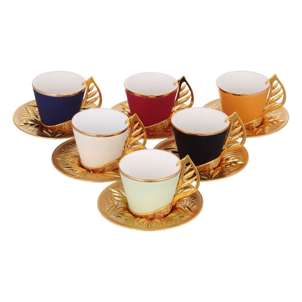 YAPRAK COFFEE CUP SET FOR 6 PEOPLE MIXED COLORS WITH HANGER APPARATUS GOLD