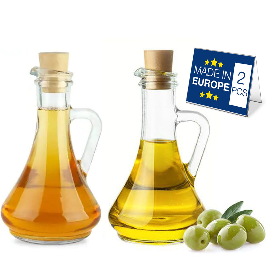 Hakan Handmade Olive Oil and Vinegar Dispenser Set of 2 with Cork Stoppers, 8.75 Oz (260 cc)
