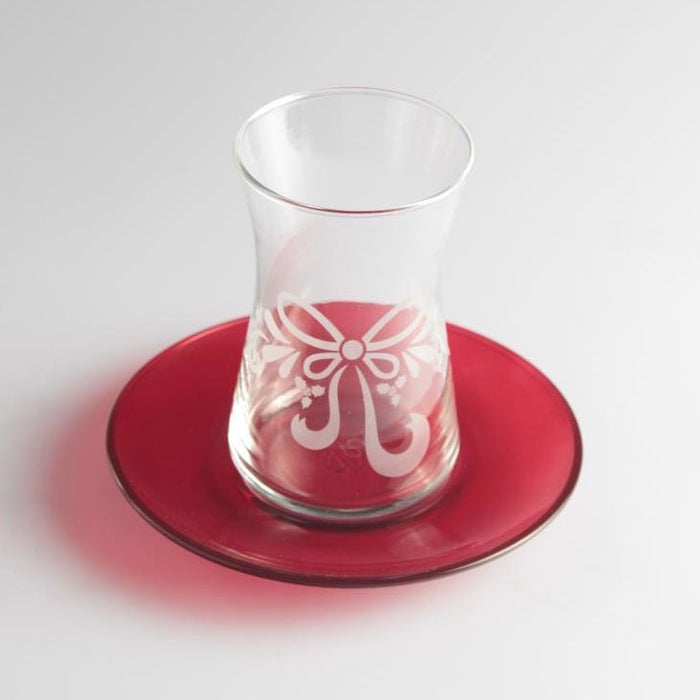 Heybeli Decorated Merry Mix Turkish Glass Teacup Set with Red Saucers, 8 Pcs