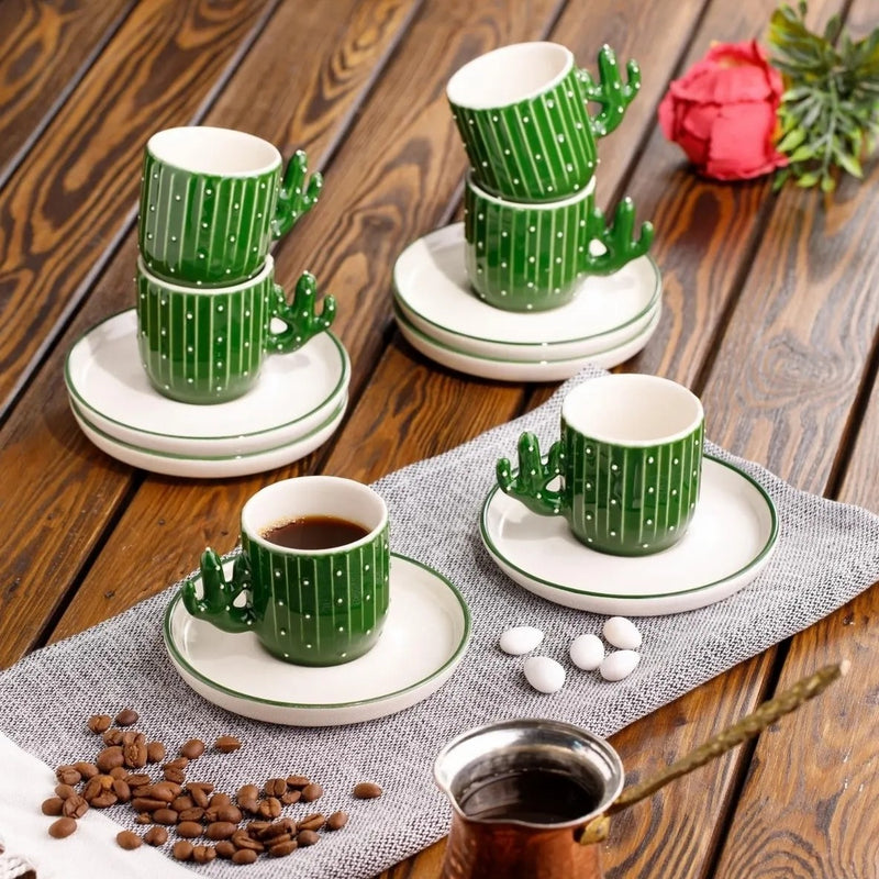 Cactus Design Ceramic Espresso Mug Set, 3.75 oz Green