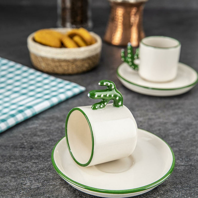 Cactus Design Ceramic Espresso Mug Set, 3.75 oz Green