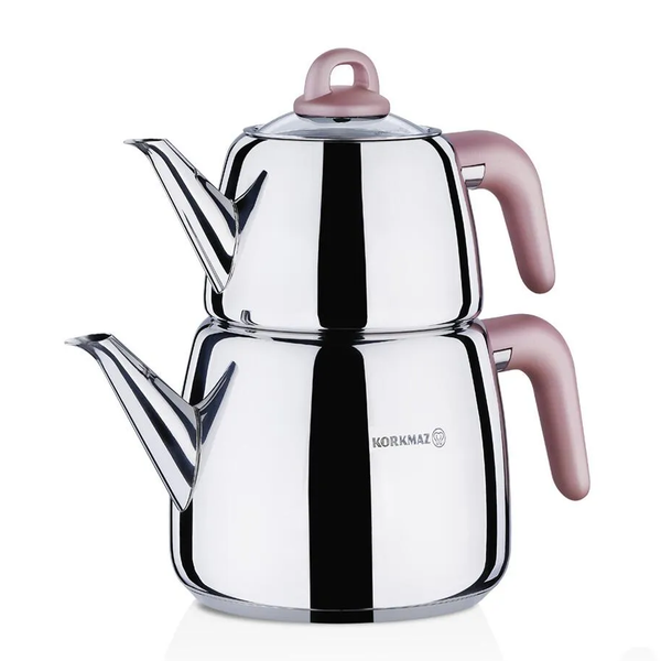 Korkmaz Bella A045-01 Rose Gold Turkish Teapot Set for Stovetop, 1.05 qt and 2.11 qt