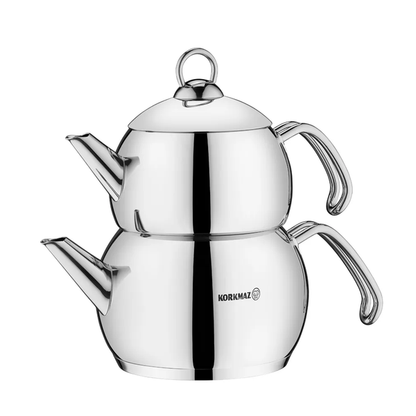 Korkmaz Tombik Turkish Teapot Set, Stainless Steel Double Tea Pot Set, Silver 2.1 Qt and 1.1 Qt