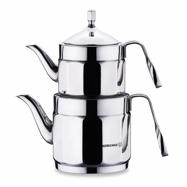 Korkmaz Nostalgia A228 Turkish Teapot Set with Removable Infuser, Silver 1.6 and 0.9 Qt