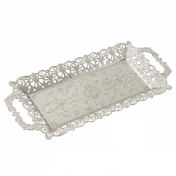 Embossed Rectangular Tray, Metal Serving Platter, 15.6x7 in, Silver