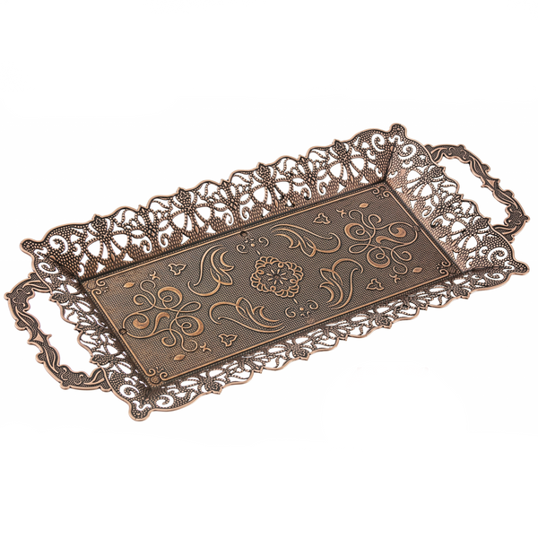 Embossed Rectangular Tray, Metal Serving Platter, 15.6x7 in, Copper