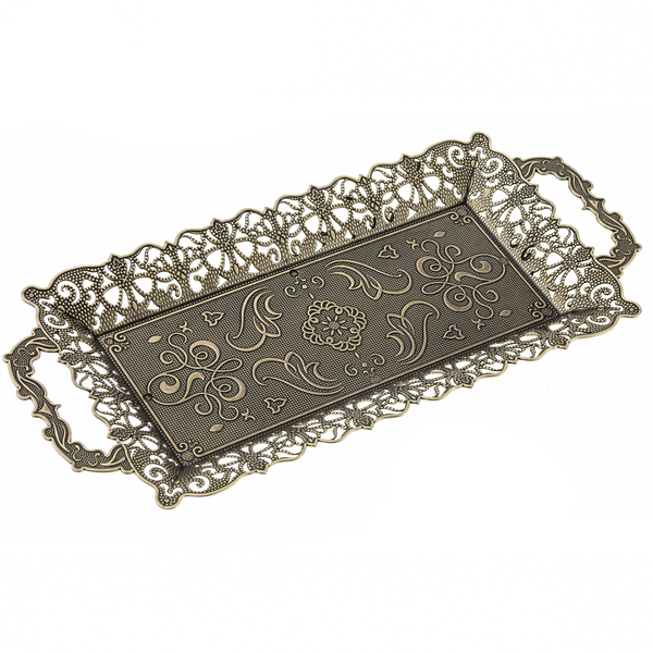 Embossed Rectangular Tray, Metal Serving Platter, 15.6x7 in, Antique