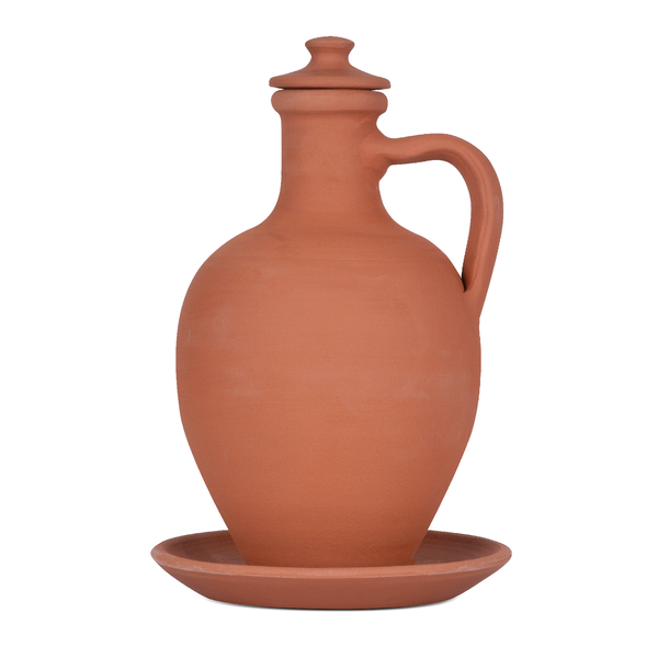 Anadolu Natural Clay Water Pitcher with Lid and Plate, 3 Pcs