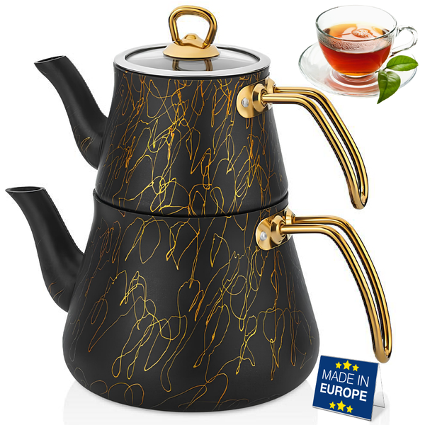 Hakan Black-Gold Avangarde Granite Teapot Set, Stainless Steel Handle, 135.3 Oz