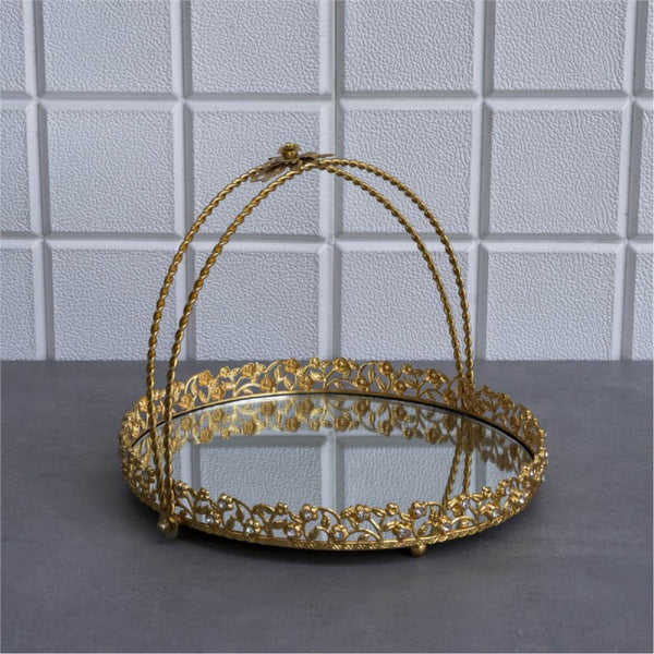Round Metal Mirror Jewelry Tray with Wrapped Handle