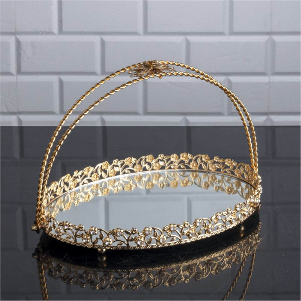 Oval Metal Mirror Jewelry Tray with Wrapped Handle