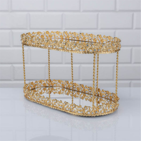 Mirrored Oval 2 Tier Perfume Vanity Tray with Stones