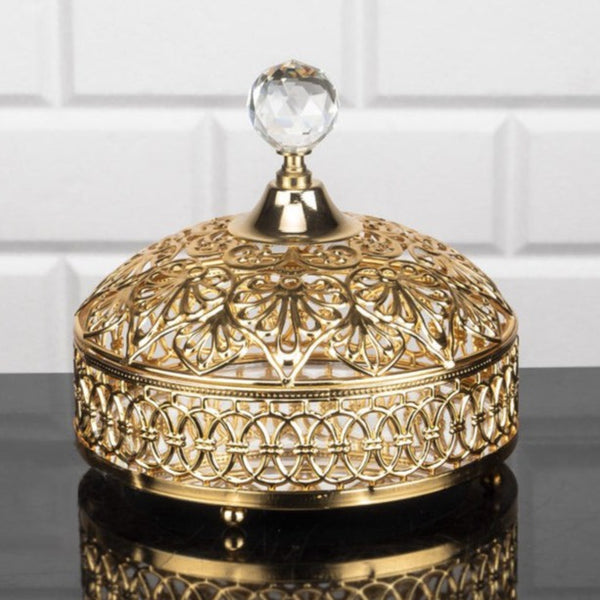 Candy Bowl, Stainless Metal Dome Lid, Crystal Top, 6 in Gold