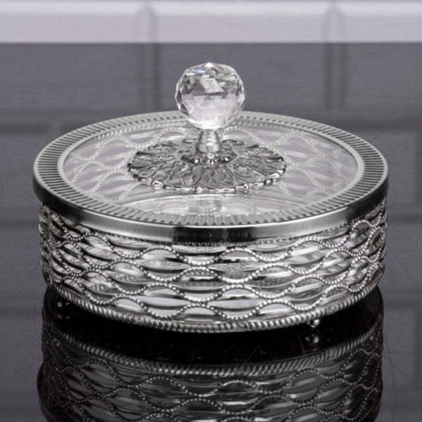 NIL Footed Candy Bowl, Metal Glass Lid, Crystal Top, Silver, 6.3"