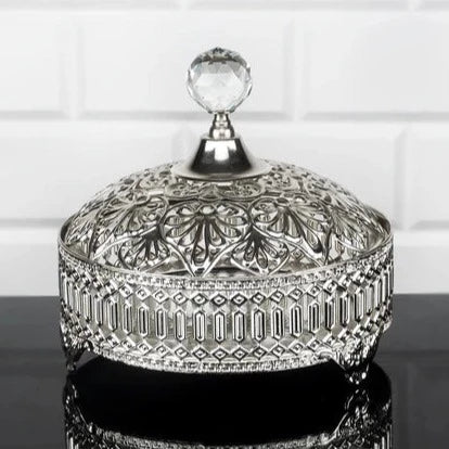 Candy Bowl, Stainless Metal Lid, Crystal Top, Silver, 6.3 in