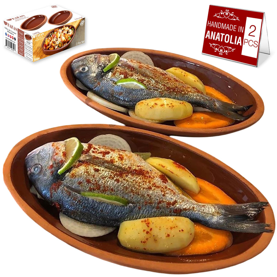 Hakan Bergama Handmade Oval Clay Pan Set of 2, Terracotta Pans Glazed Inside