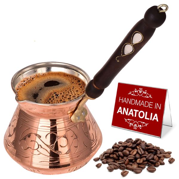 Hakan Thick Copper Turkish Coffee Pot Maker, Wooden Handle, 20 Oz