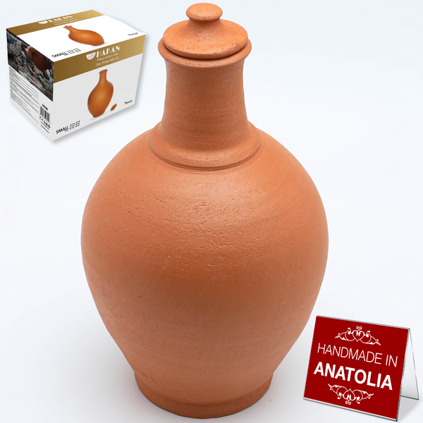 Hakan Handmade Traditional Natural Unglazed Clay Pitcher with Lid