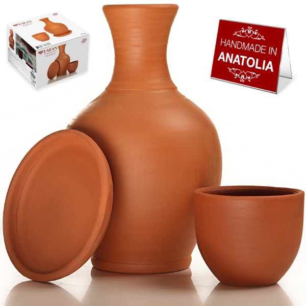 Hakan Terracotta Kapadokya Clay Pitcher with Cup & Plate 76 oz