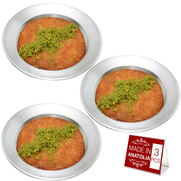 Hakan Kunafa Serving Plate for Shredded Kadaifi, Aluminum Pan of 3, Silver, 6.8”