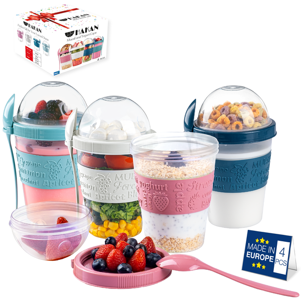 Hakan Yogurt Parfait Cups with Lids and Spoons, Reusable Cups in Gift Box, 4-Pack, 20 Oz