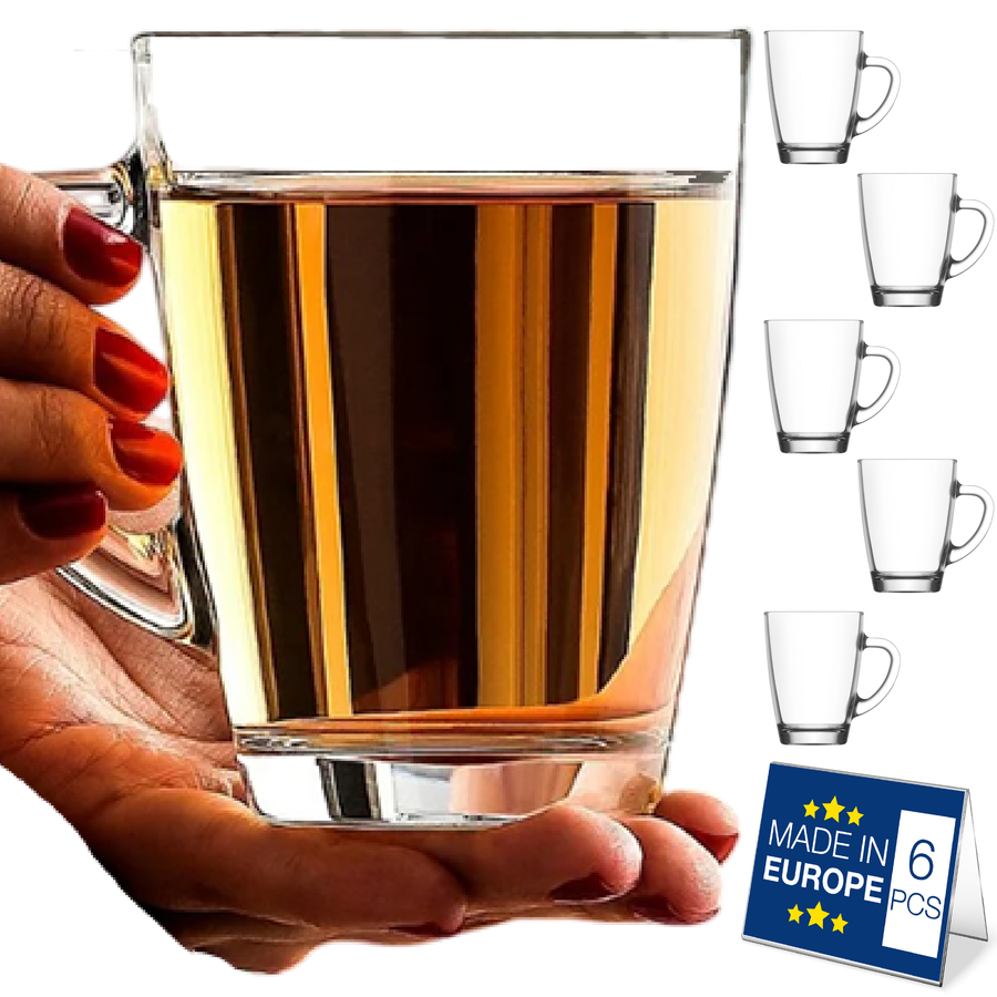 LAV Vega Clear Glass Coffee Tea Mug Set with Handles for 6, 8.5 Oz