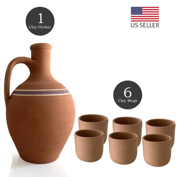 Handmade Clay Water Pitcher with 6 Clay Cups