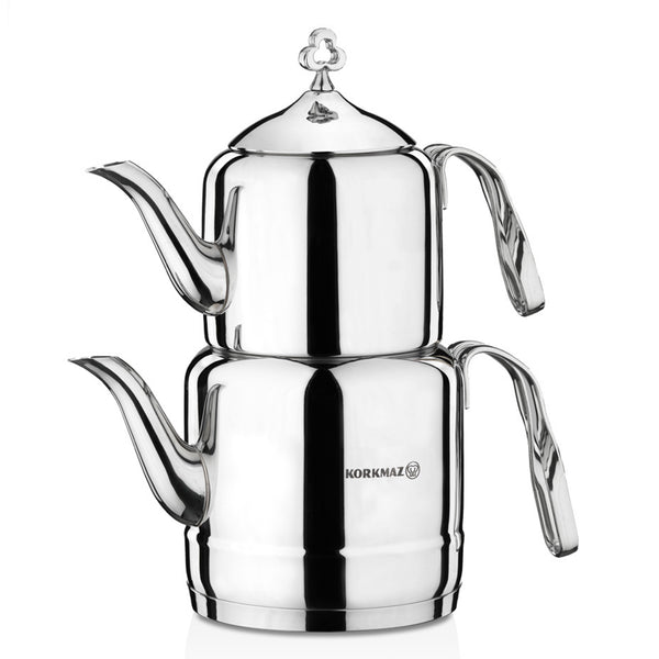 Korkmaz Cintemani Stainless Steel Double Turkish Teapot Set with Handles