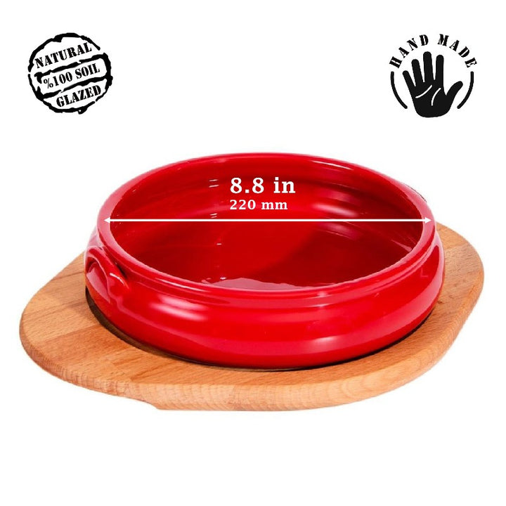 CLAY MEAT PAN WITH BOWL AND WOODEN STAND 22 cm NO:5 (8.7") - Hakan Makes Kitchens Smile
