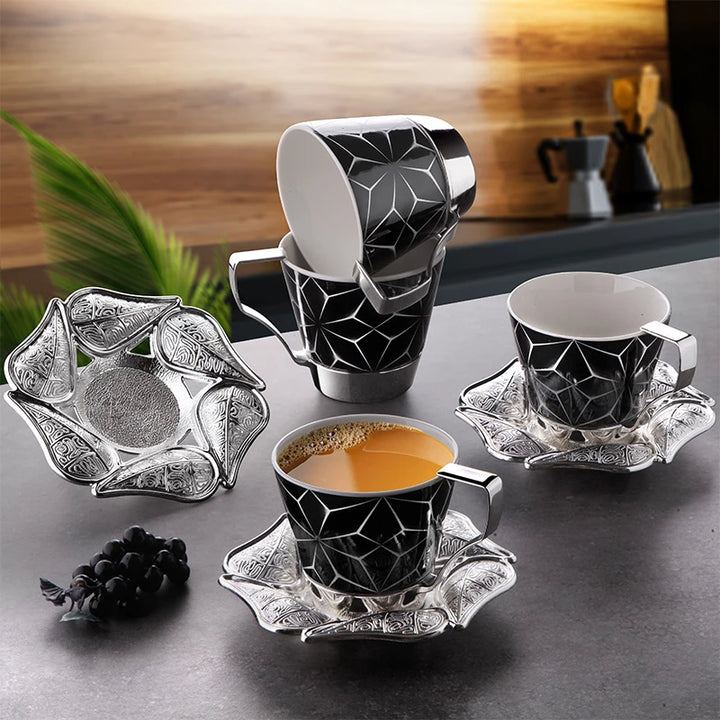 AZRA BIG COFFEE CUP SET FOR 6 PEOPLE SILVER 236 ml (8 oz) - Hakan Makes Kitchens Smile