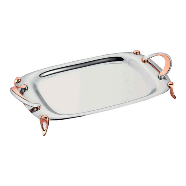 Korkmaz Rectangle Footed Stainless Steel Silver Serving Tray with Rose Gold Handles, Tray for Kitchen, Counter, Dresser, and Nightstand and Breakfast in Bed, Mirrored Serveware, Silver, 19.6" x 10.6" 