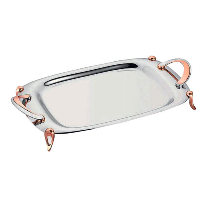 Korkmaz Rectangle Footed Stainless Steel Silver Serving Tray with Rose Gold Handles, Tray for Kitchen