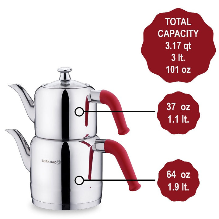 KORKMAZ RIVA TEA POT SET RED 1.1 lt - 1.9 lt