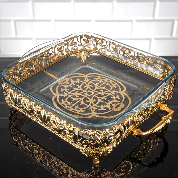 ROZA SQUARE METAL BORCAM TRAY LARGE GOLD 40 x 30 x 10 cm (15.7" x 11.8" x 3.9") - Hakan Makes Kitchens Smile