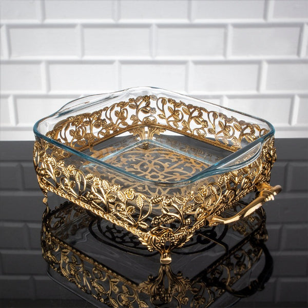 ROZA SQUARE METAL BORCAM TRAY SMALL GOLD 35 x 24 x 10 cm (13.78" x 9.45" x 3.9") - Hakan Makes Kitchens Smile